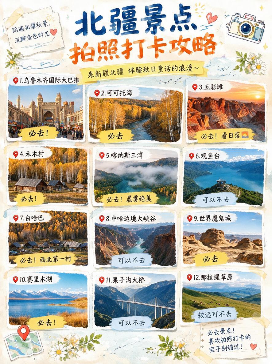 完全复刻参考图的版式、风格、字体、12宫格照片布局、必去/可以… - 图片创意预览