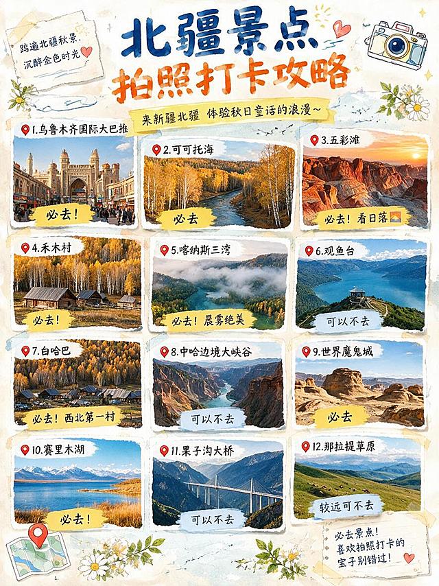 完全复刻参考图的版式、风格、字体、12宫格照片布局、必去/可以不去标签样式、手绘装饰元素、纸张纹理背景，只将大理景点内容替换为北疆景点内容，其他一切风格不变。

【顶部大标题】："北疆景点 拍照打卡攻略"，蓝色+橙色手写粗体大字。
左上角便签文字"踏遍北疆秋景，沉醉金色时光"；右上角相机手绘图标。
【副标题黄色飘带】："来新疆北疆 体验秋日童话的浪漫～"

【12宫格景点照片布局，4行3列，每张照片带红色定位图标和编号】：

第一行：
1. 乌鲁木齐国际大巴扎 【必去！】黄色标签（配大巴扎建筑照片）
2. 可可托海 【必去】黄色标签（配白桦林峡谷照片）
3. 五彩滩 【必去！看日落🌅】黄色标签（配雅丹日落照片）

第二行：
4. 禾木村 【必去！】黄色标签（配木屋白桦林照片）
5. 喀纳斯三湾 【必去！晨雾绝美】黄色标签（配神仙湾晨雾照片）
6. 观鱼台 【可以不去】浅蓝色标签（配山顶观景台照片）

第三行：
7. 白哈巴 【必去！西北第一村】黄色标签（配边境村落照片）
8. 中哈边境大峡谷 【可以不去】浅蓝色标签（配峡谷照片）
9. 世界魔鬼城 【必去】黄色标签（配雅丹魔鬼城照片）

第四行：
10. 赛里木湖 【必去！】黄色标签（配蓝湖秋草照片）
11. 果子沟大桥 【可以不去】浅蓝色标签（配大桥照片）
12. 那拉提草原 【较远可不去】浅蓝色标签（配草原照片）

【右下角便签文字】："必去景点！喜欢拍照打卡的宝子别错过！❤️"
【左下角地图手绘图标】

【装饰元素】：小雏菊、绿叶、花朵手绘插画，分布在画面四周，整体水彩手绘拼贴风格，秋日暖色调，与参考图风格完全一致。

【硬约束】：
1. 完全复刻参考图的12宫格版式布局、照片边框撕边效果、标签样式、字体风格、装饰元素位置
2. 只替换文字内容和景点照片内容，整体风格、配色体系、排版结构与参考图完全一致
3. 画面中必须完整呈现以上所有文字信息，不得遗漏、错位或编造
4. 文字清晰可读，手写字体风格