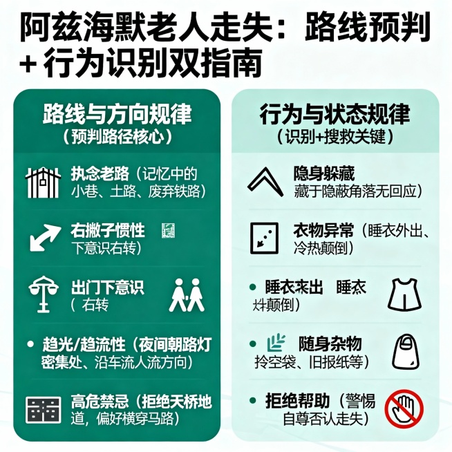 图 4 专项海报 3：路线方向 + 行为状态规律（预判路径 + 识别特征）
【标题】阿兹海默老人走失：路线预判 + 行为识别双指南
【主色】冷静绿
【左侧：路线与方向规律（预判路径核心）】
✅ 4 大预览效果