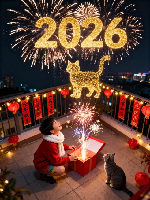 温馨布置的家庭露台（点缀少量红色小灯笼、春联“跨年快乐”"一马当先"“万事如意”“元旦快乐”、暖黄色串灯），一位小朋友穿着暖红色新年毛衣白色毛绒围巾。预览效果