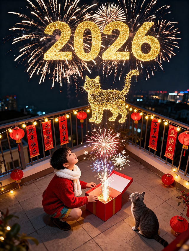 温馨布置的家庭露台（点缀少量红色小灯笼、春联“跨年快乐”"一马当先"“万事如意”“元旦快乐”、暖黄色串灯），一位小朋友穿着暖红色新年毛衣白色毛绒围巾。