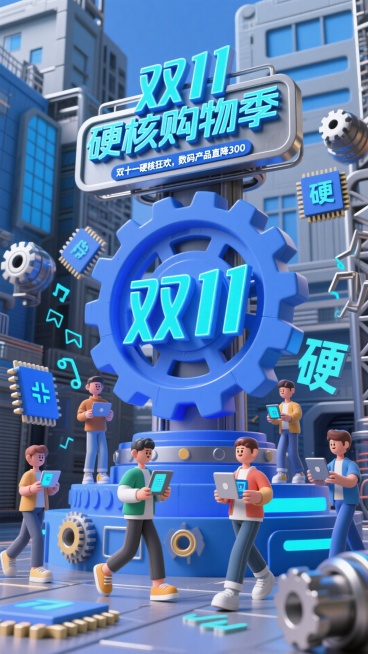 画面以巨型蓝色 “双 11” 齿轮造型装置为视觉核心，上方立着 “双 11 硬核购物季” 金属标题牌，搭配蓝色电光标注 “双十一硬核狂欢，数码产品直降 300”。场景里，几位卡通程序员抱着电子设备穿梭预览效果