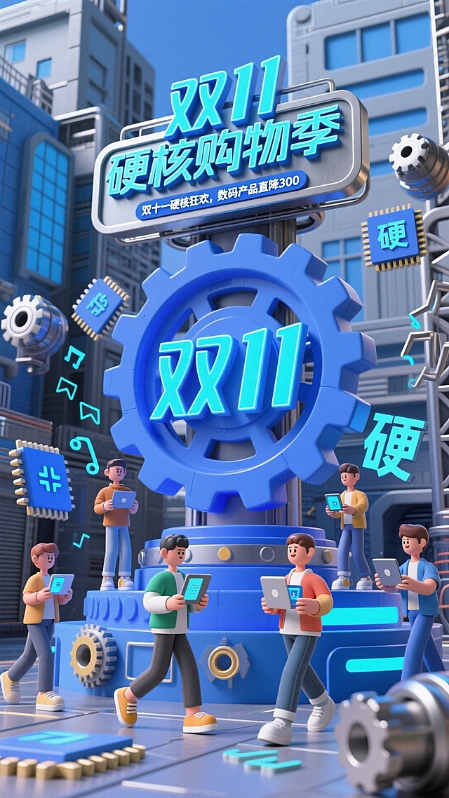 未来感与科技感融合的3D风格画面，工业风齿轮与霓虹灯元素交织，软3D人物手持数码设备，营造双11硬核购物季的机能风氛围。