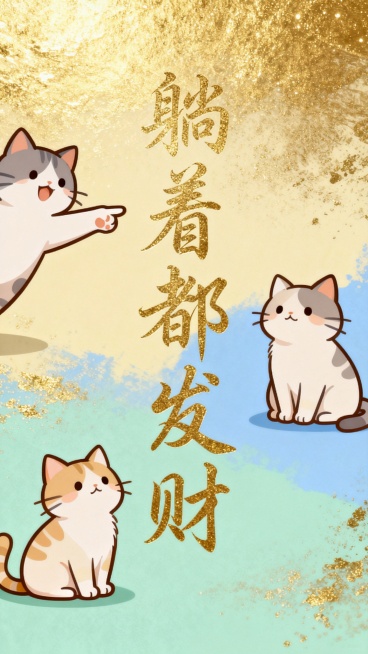 画面中央是五个竖排的烫金鎏金艺术字“躺着都发财”，字体飘逸洒脱，金光闪耀。围绕文字分布三只形态各异的Q版猫咪，其中一只猫咪伸出爪子指向画面外，另外两只或坐或卧，姿态可爱。背景采用舒缓护眼的色调，融合米预览效果