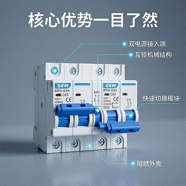 互锁断路器核心卖点主图，严谨精工工业风，产品居中，以极细科技感引线连接产品关键部位，分别标注“双电源接入端”、“互锁机械结构”、“快速切换模块”、“阻燃外壳”，引线末端带定位光点，冷灰渐变背景，硬光突出产品结构。主标题“核心优势一目了然”，卖点文字为白色无衬线字体，悬浮于背景，不遮挡产品。