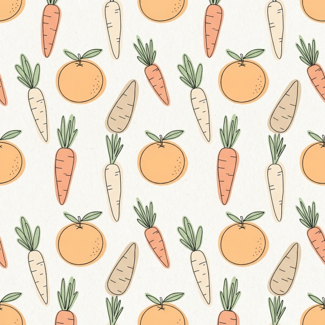 制作无缝拼接背景，由胡萝卜、橙子的简约线条简笔画拼接而成，风格清新可爱，整体无缝重复，颜色清淡柔和适合做包装背景。预览效果