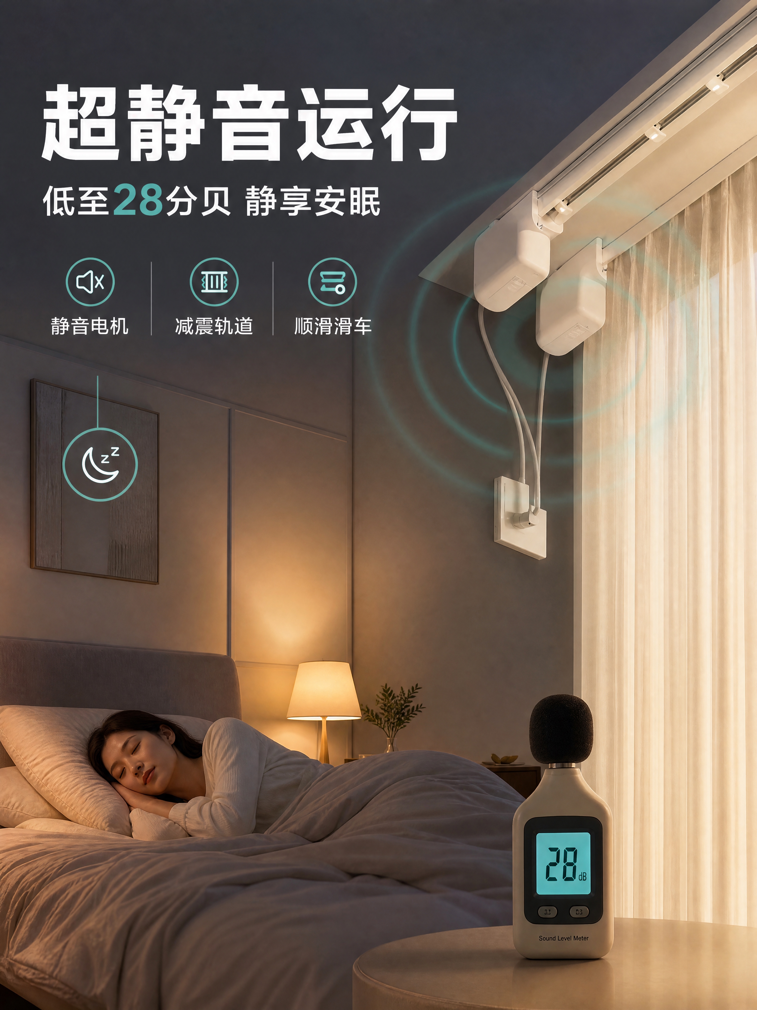 [商品] 使用智能电动窗帘产品图；保留白色电机、轨道、窗帘外观… - 图片创意预览