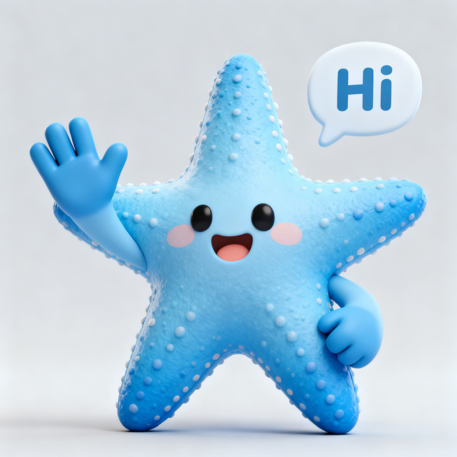 蓝色海星，卡通风格，做出打招呼挥手的动作，可爱立体3D风格，浅色背景，带有Hi文字气泡预览效果