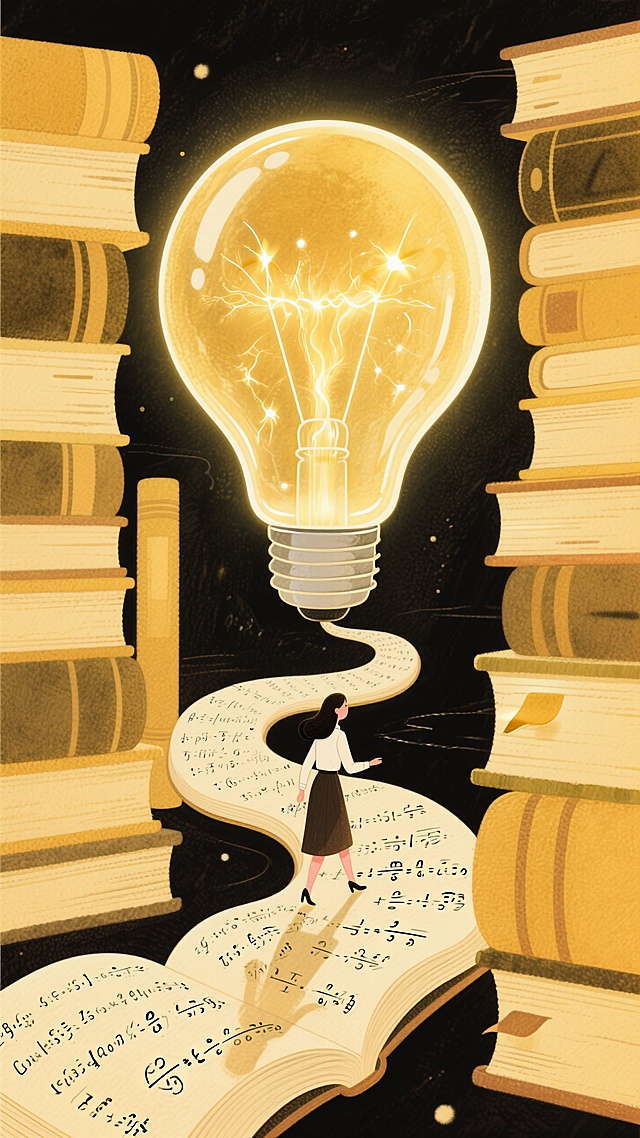 金色调，画面视觉中心是一个巨大的发光灯泡，灯泡内有闪耀能量粒子，一位女教师正沿着由翻开书本变形而成的蜿蜒道路朝灯泡方向行走，书页上布满数学公式，背景融入堆叠书籍，整体色调暖黄与暗部对比