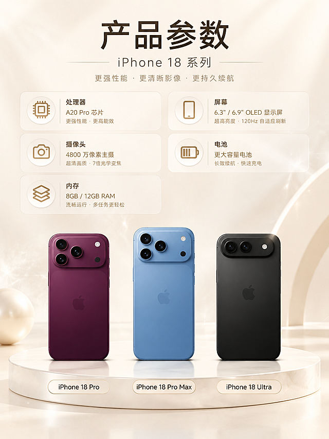 3:4竖版商业数码海报，米杏暖白色浅色系背景，细腻柔和漫射光影，极淡的细闪效果，白色圆形展台，iPhone 18系列产品图，产品外观严格按照原图样式不重新设计，左侧图标+文字信息模块展示产品数据参数，顶部标题"产品参数"，包含处理器、屏幕、摄像头、电池、内存等核心参数数据模块，底部标注三款机型名称，简约轻奢，画面通透干净，8K超高清，商业产品渲染风格
