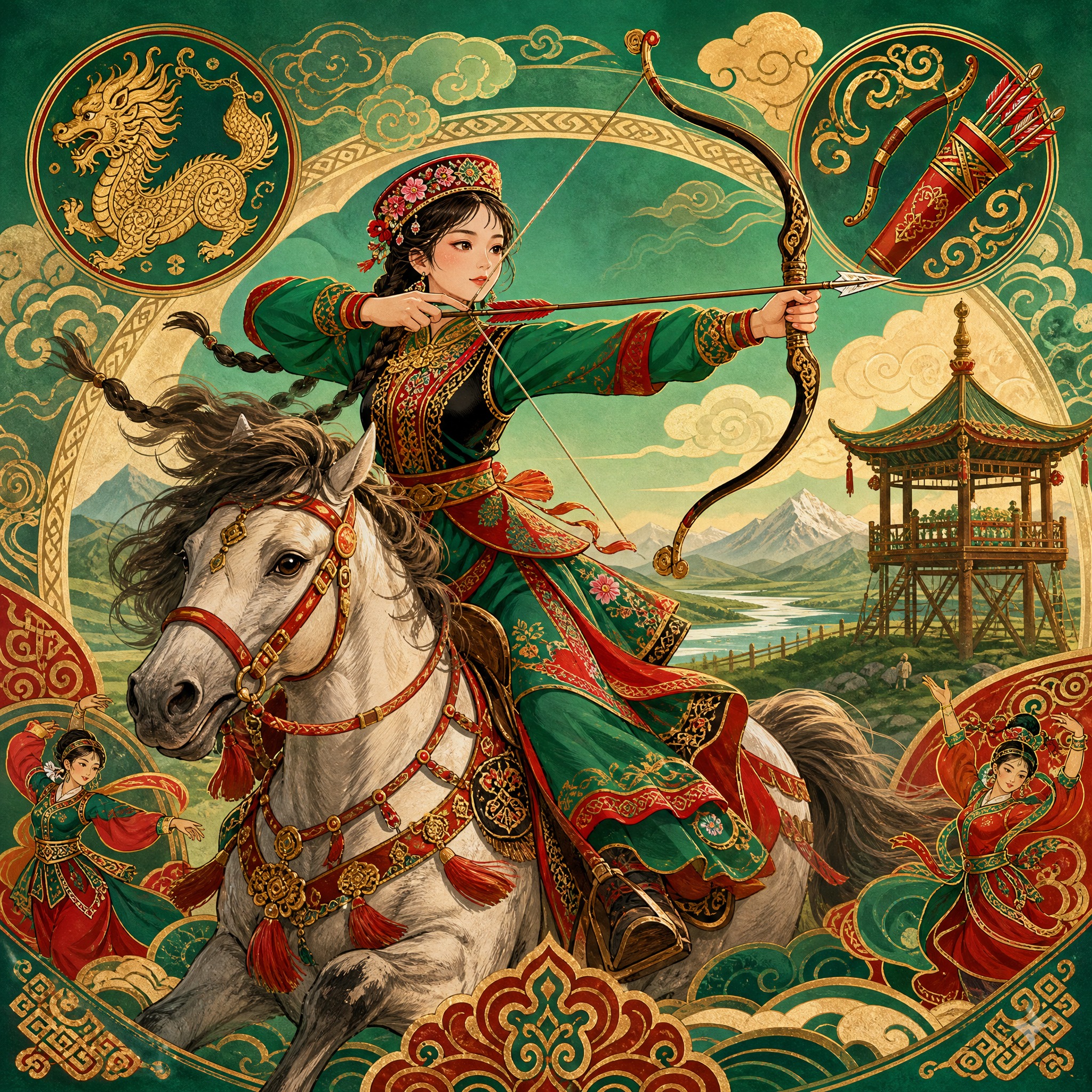 国潮插画，锡伯族主题，一位锡伯族少女身着传统服饰，头戴花帽，骑… - 图片创意预览