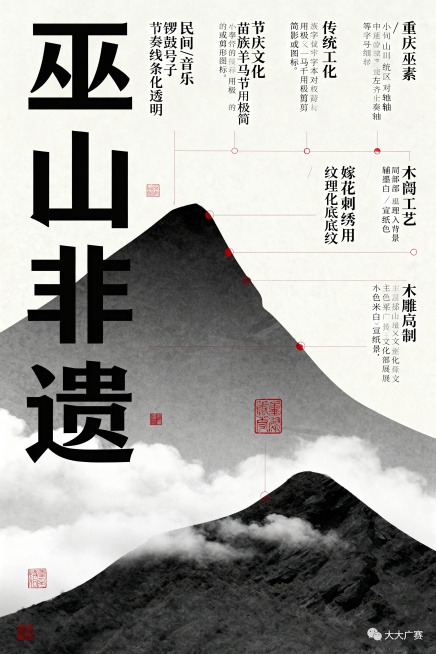 中国非遗主题海报，主题为重庆巫山地区非遗文化，风格为现代东方设计 + 展览海报感，高级、克制、极简。构图：左对齐 + 非对称构图 + 大面积留白，视觉中心明确，信息有呼吸感，信息层次清晰：标题 > 分预览效果