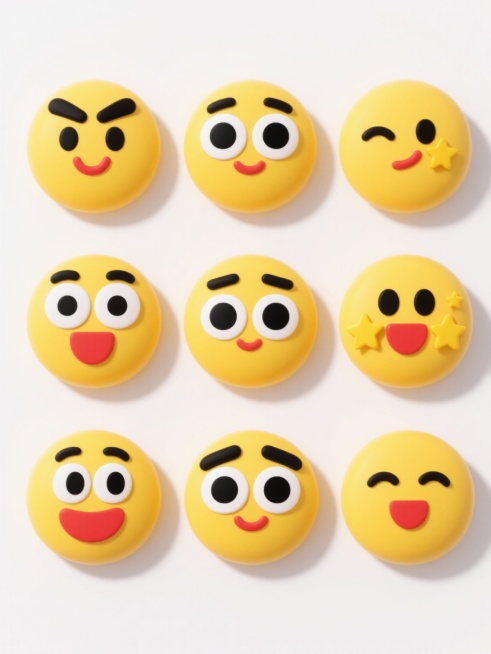 白色背景上，上下两行整齐排列九个圆形黄色表情符号，每个表情符号都有不同的配色、表情和造型，它们有着黑色的眉毛、大大的黑色眼睛和白色的眼白，以及红色的嘴巴，有的表情符号旁边还有黄色的星星或其他装饰，整体风格统一，色彩明快，表情生动，具有强烈的视觉冲击力和信息传达效率，符合现代社交媒体表情包的设计感和审美需求。预览效果