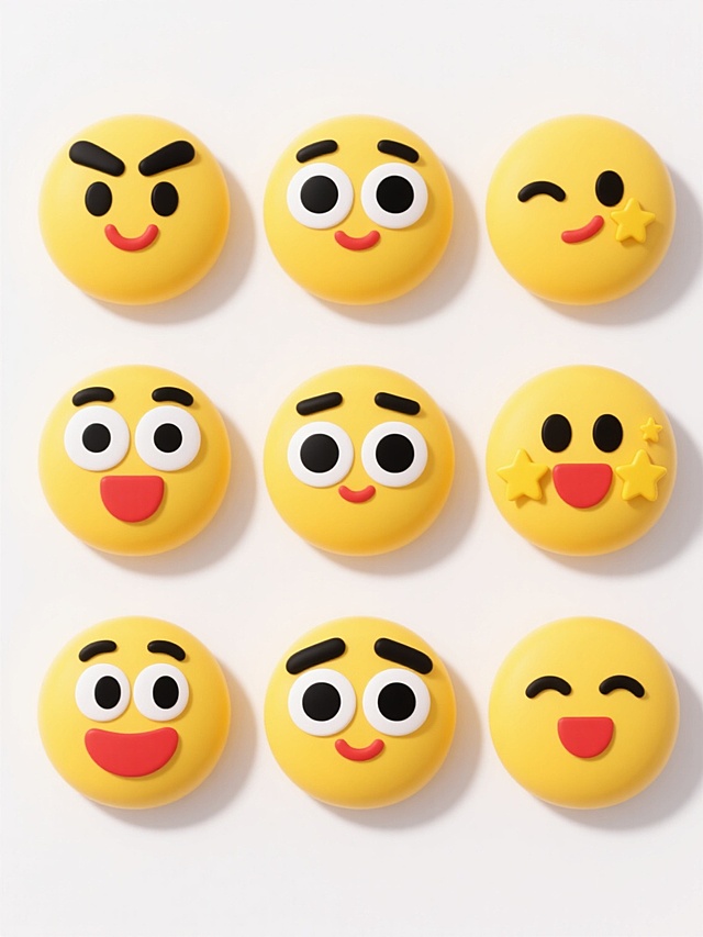 白色背景上，上下两行整齐排列九个圆形黄色表情符号，每个表情符号都有不同的配色、表情和造型，它们有着黑色的眉毛、大大的黑色眼睛和白色的眼白，以及红色的嘴巴，有的表情符号旁边还有黄色的星星或其他装饰，整体风格统一，色彩明快，表情生动，具有强烈的视觉冲击力和信息传达效率，符合现代社交媒体表情包的设计感和审美需求。