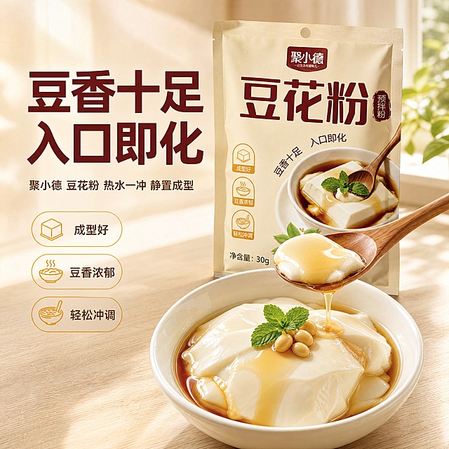 [主图-1] 商品名称：聚小德 豆花粉（预拌粉）。主题：淘宝天猫食品类目点击首图，唯一任务是用一碗嫩滑豆花呈现“豆香十足 入口即化”的食欲诱惑，同时完整露出商品包装袋。[统一基调] 暖米白豆乳色背景的东方早餐温馨质感；主标题字色深豆沙红棕#6B2B24，辅助文字暖棕灰#8A6A4B，强调色焦糖金#E0A03C 与薄荷叶绿#6FA57A；全图只用一种厚重无衬线黑体承担标题与说明（仅字号层级变化），中文横排；组件统一用极细焦糖金线框与浅米色半透明卡片，不加厚重色块底板与通栏边框。[画面] 左文右图版式：右侧白瓷碗中盛满嫩白豆腐花，木质长勺舀起一块微微颤动的豆花，焦糖色糖浆正浇淋成流动细线，顶部点缀薄荷叶与熟黄豆；碗后方斜立聚小德豆花粉包装袋（米白袋身、深红品牌标识、深红“豆花粉”大字与碗装豆花图案，外观结构文字配色与输入图保持一致），袋体转换为真实摄影的立体软包装质感，带轻微褶皱与柔和暗面；产品与成品合计占画面 65%-75%。[光影质感] 自然暖阳侧逆光从右后方打入，豆花表面通透莹润，糖浆出现细亮反光，碗底与浅米色木纹桌面有自然接触阴影，包装袋稳稳立于桌面不悬浮。[配色] 沿用统一基调，桌面浅米色木纹与窗边虚化绿植只作环境色。[文字版式] 左侧负空间横排主标题“豆香十足 入口即化”分两行，最大最粗，深豆沙红棕；下方辅助小字一行“聚小德 豆花粉 热水一冲 静置成型”，字号小于主标题一半以上；文字不遮挡主体，放不下即缩短换行，不拉长压扁。[输出要求] 1:1 正方形 2048×2048，商业摄影级清晰度，文字清晰无错字，产品结构不变形。负向：变形、错字、乱码、模糊、杂乱、悬浮、穿模、水印、平台Logo、绝对化用语、挤压字体、多余的碗与包装。