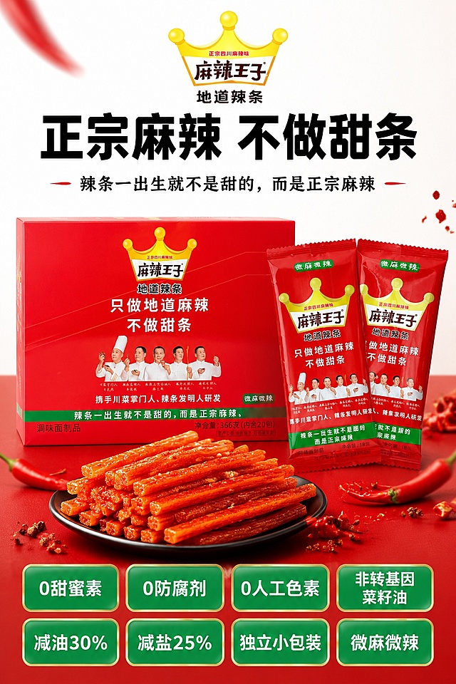 [第1屏] 麻辣王子地道辣条淘宝天猫详情页头图。本屏使用【图1】【图2】作为商品主体，【图1】展示盒装产品，【图2】展示独立小包装组合。
[氛围/风格] 红色食欲风，简约干净，商业摄影质感，正宗川味麻辣氛围。
[元素布局] 上半区保留原包装品牌LOGO，放置强标题和副标题；中部放置辣条食欲特写，下半区排列核心卖点标签矩阵；产品包装结构、文字、颜色与输入商品图保持完全一致，不改变包装设计，主体占比约70%。
[光影质感] 正面柔和布光，阴影自然，商品清晰突出，红色包装色彩饱和鲜艳。
[配色色系] 全局底色 #FFFFFF，主色品牌红，辅助色清新绿，文字黑白色对比清晰。
[视角构图] 正面平视视角，商品居中为视觉中心，阅读动线从上到下依次为标题、产品、卖点，层次分明。
[文字版式] 上半区：主标题「正宗麻辣 不做甜条」加粗黑体，副标题「辣条一出生就不是甜的，而是正宗麻辣」小号字体；下半区8个核心卖点标签矩阵排列：0甜蜜素、0防腐剂、0人工色素、非转基因菜籽油、减油30%、减盐25%、独立小包装、微麻微辣，使用圆角绿色标签配白色文字，排版整齐，不遮挡主体，文字清晰可读。
[比例分辨率] 9:16 竖版比例，4K分辨率，高清画质，文字清晰。
[负向提示词] 包装变形，包装文字错乱，颜色偏差，产品模糊，文字过小，低价促销风，其他品牌商品，过度夸张，文字堆积，水印。