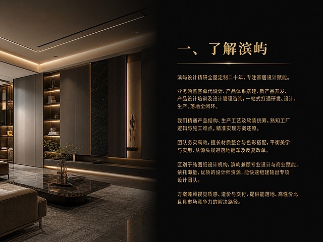 画册内页设计，4:3比例，渐变黑色背景，左侧为现代风格全屋定制家居空间插图（高端门墙柜一体化定制空间，轻奢风格），右侧金黄色标题"一、了解滨屿"，正文内容为金黄色小字：滨屿设计精研全屋定制二十年，专注家居设计赋能。业务涵盖客单代设计、产品体系搭建、新产品开发、产品设计培训及设计管理咨询，一站式打通研发、设计、生产、落地全闭环。我们精通产品结构、生产工艺及软装统筹，熟知工厂逻辑与施工难点，精准实现方案还原。团队务实高效，擅长材质整合与色彩搭配，平衡美学与实用，从源头规避落地翻车及反复改单。区别于纯图纸设计机构，滨屿兼顾专业设计与商业赋能，依托海量、优质的设计师资源，能快速组建输出专项设计团队。方案兼顾视觉质感、造价与交付，提供能落地、高性价比且具市场竞争力的解决路径。版式左图右文，金黄色字体，高端商业画册风格
