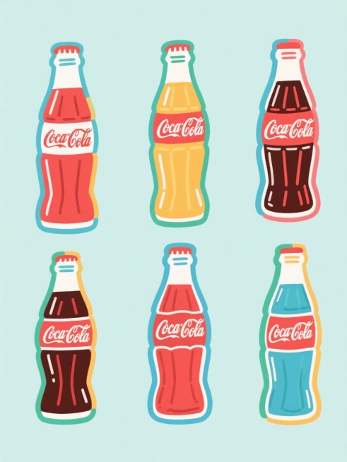 一组6个不同造型的手绘风格可乐瓶插画素材集合，保持原图的卡通手绘质感，线条简洁流畅，色彩鲜艳明快，每个可乐瓶具有独特的设计造型，整体画面采用纯色背景，画面整体色彩变换为清新明快的色调，所有可乐瓶规整排布，形成整齐有序的视觉效果，充满活力与时尚感，适合用于平面设计素材。预览效果