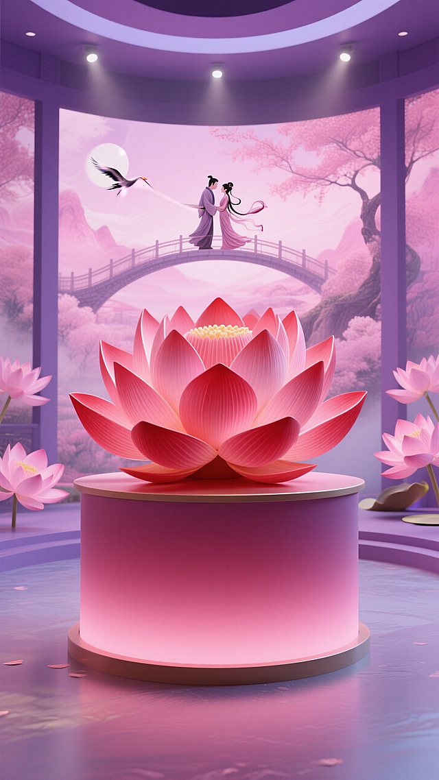 梦幻中式插画风，虚拟现实与超现实主义结合，莲花映衬情侣桥上相依，浪漫氛围浓郁。