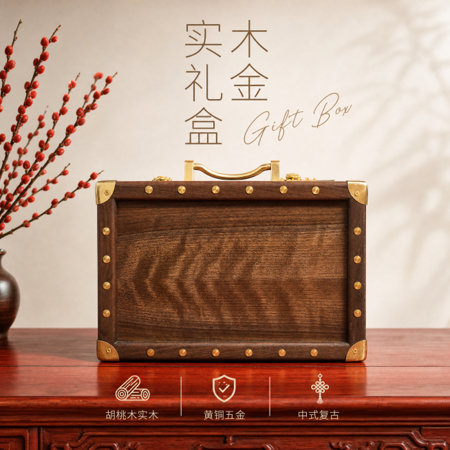 [单张主图] 实木礼金盒，高级氛围感主图，展现中式复古质感与品质。[画面主体] 深色胡桃木实木礼金盒，黄铜铆钉与提手五金装饰，保持产品外观（物理结构、材质质感、颜色）与输入产品图绝对一致，杜绝任何变形预览效果