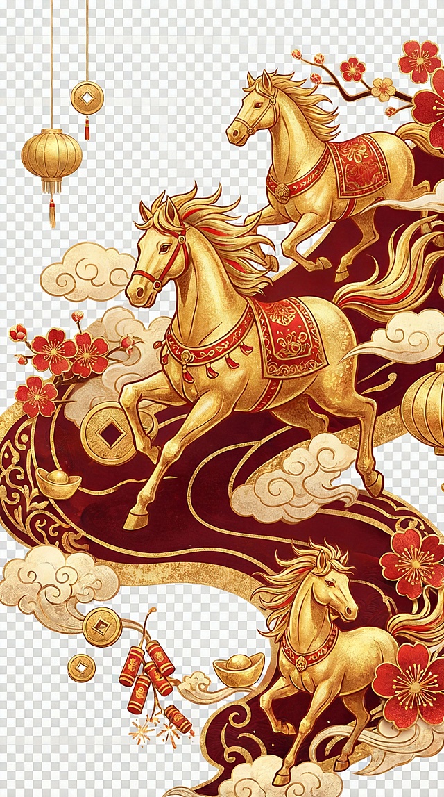 鎏金浮雕风插画，三匹金马奔腾于祥云之上，配以红梅、灯笼与金元宝，尽显中式奢华喜庆，国潮韵味十足。