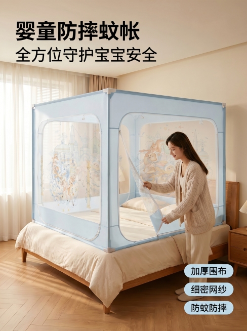 [主图 1] 婴童防摔蚊帐卧室场景首图
[氛围风格] 温馨舒适家居治愈风
[画质] 商业摄影质感、光线柔和通透、产品清晰真实、画面干净高级
[元素] 婴童防摔蚊帐完整展示在卧室床上，商品主体占比约70预览效果