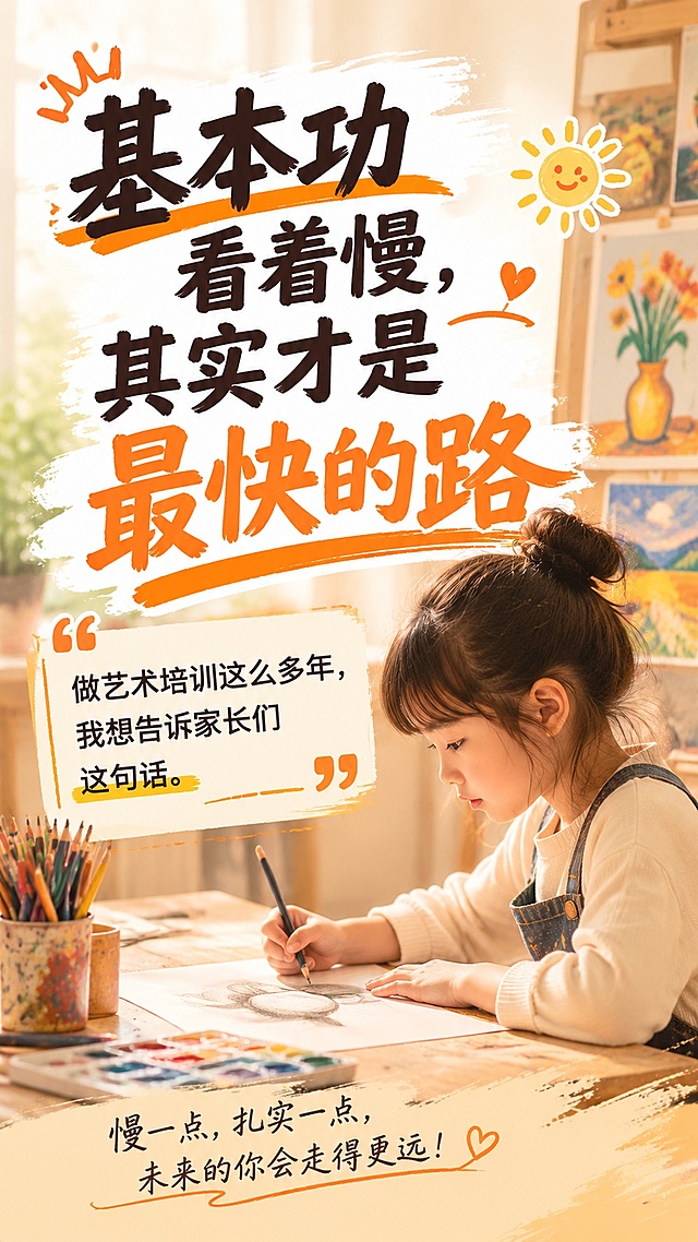 小红书艺术培训封面图，主标题大字醒目：基本功看着慢，其实才是最快的路，副标题小字：做艺术培训这么多年，我想告诉家长们这句话，艺术温暖风格，暖色调设计，文字清晰醒目