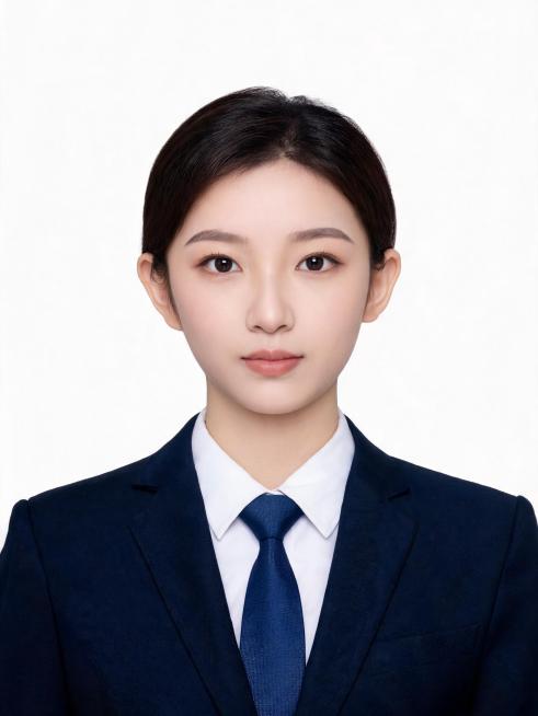 亚洲年轻女生，年龄20到30岁左右，正面免冠标准商务证件照，胸部以上胸像构图，人物居中端正，双肩平齐，平视镜头，表情自然平和，露出双耳与眉毛。身穿剪裁合身的藏青色正装西装外套，内搭挺括纯白色正装衬衫，预览效果