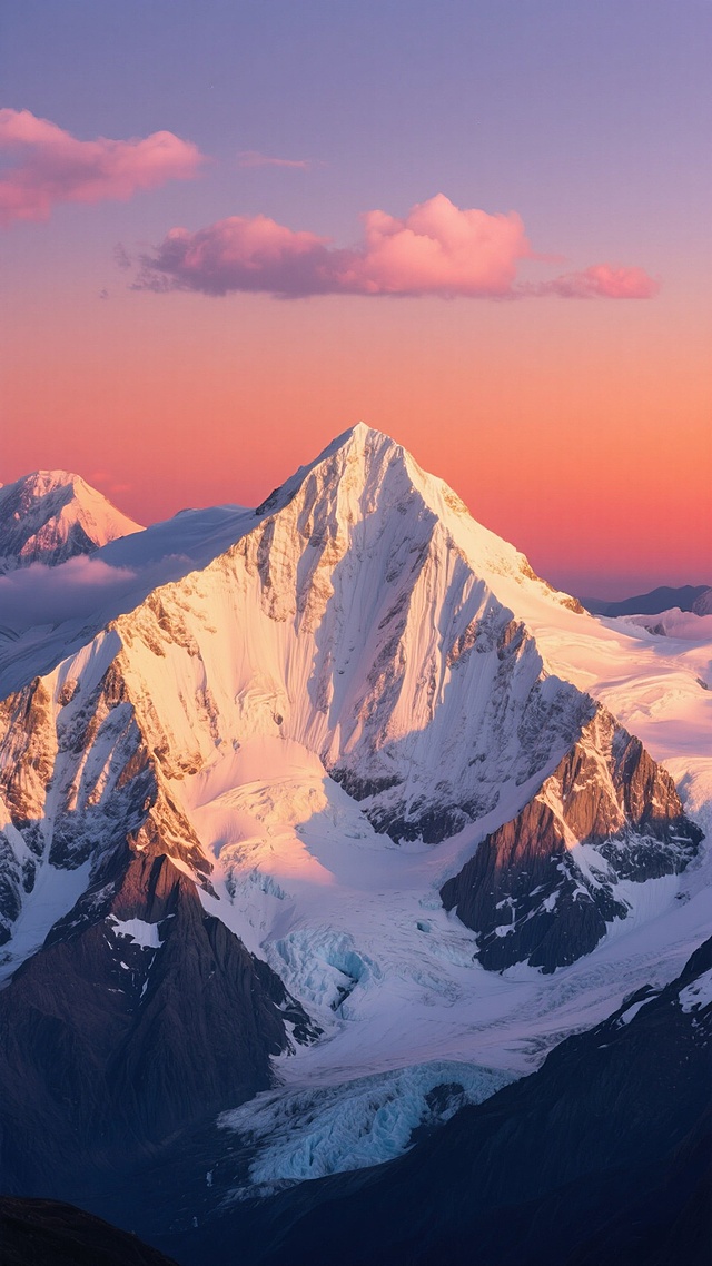 高清摄影风格的雪山全景，锐利的雪峰轮廓覆盖着纯净积雪，山体岩石纹理清晰可见，山间分布着少量冰川与冰裂缝，整体画面呈现日出或日落时分的暖色调，天空变为渐变的橙红色与粉紫色，雪山受光面泛着温暖的金色光芒，背光面则呈现深邃的蓝紫色阴影，几朵淡粉色的云彩点缀在天际，保持原有的高远、壮阔、神圣的氛围，光影对比强烈，细节丰富，无任何文字或标识。