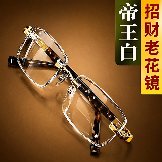[主图-1] 招财老花镜单品展示首图，复刻参考图构图；
[氛围风格] 商务精致高级感，爆款电商主图风格；
[画质] 商业摄影质感、光线柔和通透、产品清晰真实、画面干净高级。
[元素] 老花镜居中摆放，完整展示镜架结构，保持产品外观（即物理结构、材质质感、颜色）与输入产品图绝对一致，补全眼镜镜脚支架结构，细节还原参考图样式，杜绝任何变形和色差，精细化处理。参考参考图的构图和右侧竖排文字版式，商品主体占比严格控制在70%左右，画面满屏无边框。背景为渐变棕色调，和参考图保持一致。
[光影] 主光从左侧打来，勾勒镜架轮廓，右侧辅光补充暗部层次，金属配件出自然高光，整体通透不灰蒙，光比舒适、高光不溢、暗部有层次。
[配色] 主色调为暖棕色，搭配玳瑁棕镜架和金色金属件，右侧搭配深绿和渐变黄文字色块，文字对比清晰。
[视角构图] 斜45度俯视，眼镜为绝对视觉中心，轮廓完整不裁切。
[文字版式] 右侧竖向排版，左块深绿底白色大字写「帝王白」，右块渐变黄底红色大字写「招财老花镜」，所有文字都放在右侧负空间，不遮挡产品主体，大字清晰醒目，粗体无衬线字体。
[比例分辨率] 1:1 比例，4k 分辨率；文字清晰锐利，画面超高清。
[负向提示词] 变形，文字错乱，产品图模糊，背景杂乱，水印，电商平台Logo