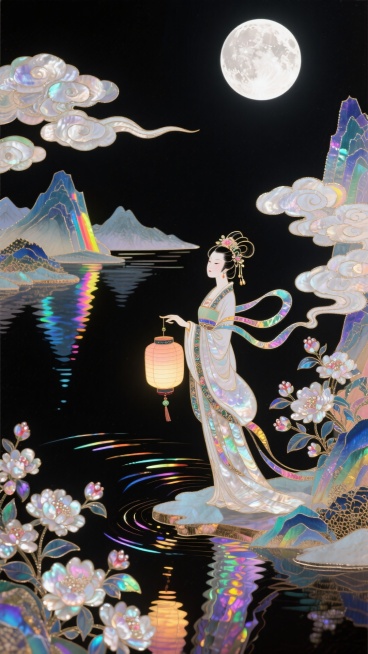 中式国风，嫦娥提着花灯站着湖边，空中一轮明亮的玄月倒影在湖中。周围环绕着祥云和盛开的花朵，背景山脉，黑色底色，非常规的动态构图预览效果
