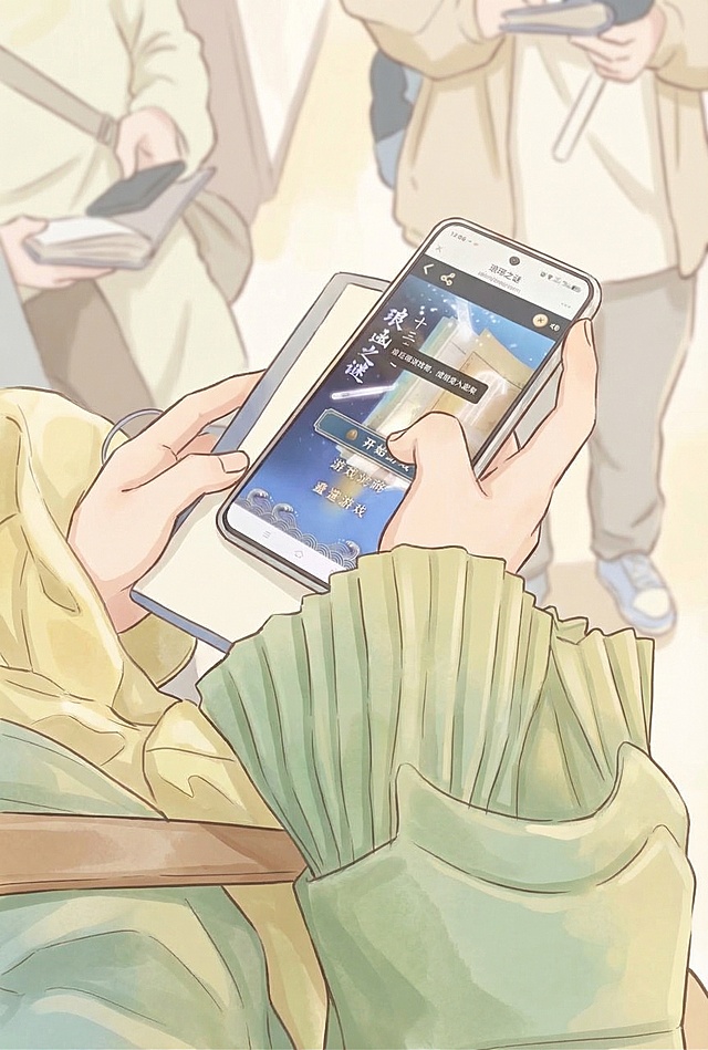 将这张图片漫画化，画风配色和之前的南博密室海报一致，清新春天感，不要写实，细节适当模糊，风格不要可爱低幼，整体氛围明亮柔和，加入春天柔和质感