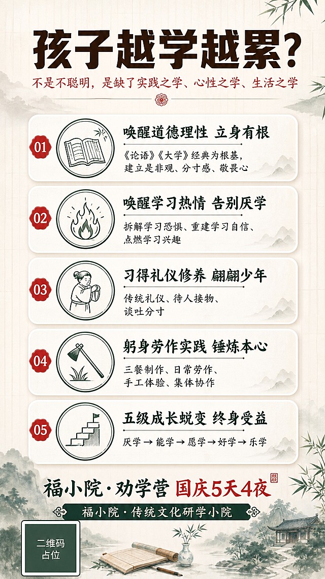 一张新中式简约风格的课程招生竖版海报，9:16比例。主题为孩子学习痛点与成长价值。

【整体风格】新中式简约风，米白底色+墨绿+朱红点缀，书卷气息，干净雅致。背景有淡淡的竹简纹理和水墨晕染效果。

【顶部区域】
- 顶部大标题「孩子越学越累？」，粗黑体，深棕色，字号大，有冲击力
- 副标题「不是不聪明，是缺了实践之学、心性之学、生活之学」，朱红色小字

【中部区域】5大成长价值模块，竖向排列，每个价值配一个圆形图标和标题+简述：
1. 「唤醒道德理性 立身有根」——《论语》《大学》经典为根基，建立是非观、分寸感、敬畏心
2. 「唤醒学习热情 告别厌学」——拆解学习恐惧、重建学习自信、点燃学习兴趣
3. 「习得礼仪修养 翩翩少年」——传统礼仪、待人接物、谈吐分寸
4. 「躬身劳作实践 锤炼本心」——三餐制作、日常劳作、手工体验、集体协作
5. 「五级成长蜕变 终身受益」——厌学→能学→愿学→好学→乐学
每个条目用白底圆角卡片承载，左侧配简约线描图标（书本/火焰/作揖/锄头/阶梯）

【底部区域】
- 「福小院·劝学营 国庆5天4夜」品牌信息
- 「福小院·传统文化研学小院」
- 左下角二维码占位符：纯色方块，中央标注「二维码占位」文字

【数字精确】"5天4夜" 必须精确渲染

画面中不得出现任何电话号码、联系老师姓名、价格费用信息。所有信息卡片、列表项必须填充完整内容，不得有空白框。版式精美，排版疏密有致。