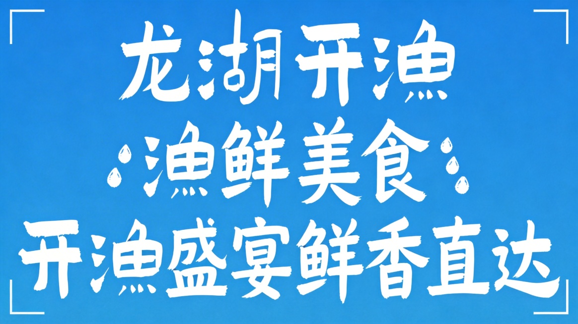 干净的纯蓝色背景。平面艺术字体设计，十六个字“龙湖开渔渔鲜美食开渔盛宴鲜香直达”，参考图片字体风格：粗笔画厚重书法，白色字体，带有飞白笔触和泼墨点装饰，每个文字保留相同的笔触肌理和结构风格，三滴水旁带预览效果
