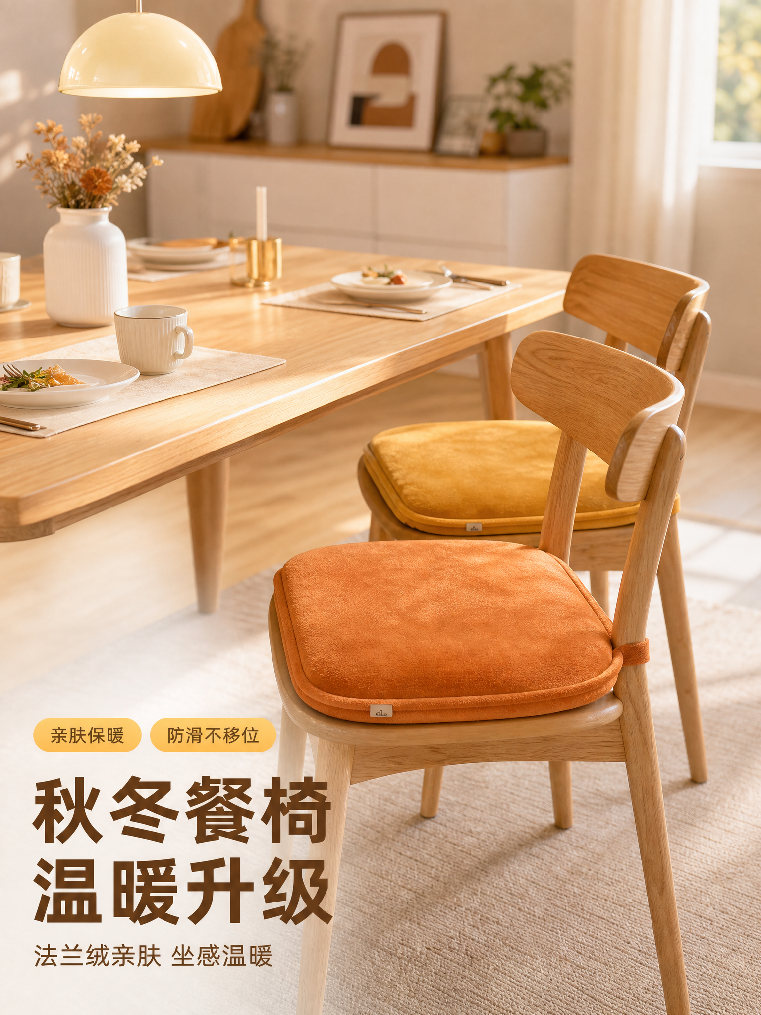 [主图-12] 主题：法兰绒高回弹坐垫 餐椅场景横版主图，突出… - 图片创意预览