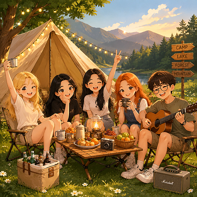 卡通风格露营照片，户外露营场景，草地上有五个人物，四位女性卡通人物：一位黄头发，两位黑头发，一位橘头发，一位男性戴眼镜的卡通人物，整体氛围轻松愉快，温馨户外露营场景