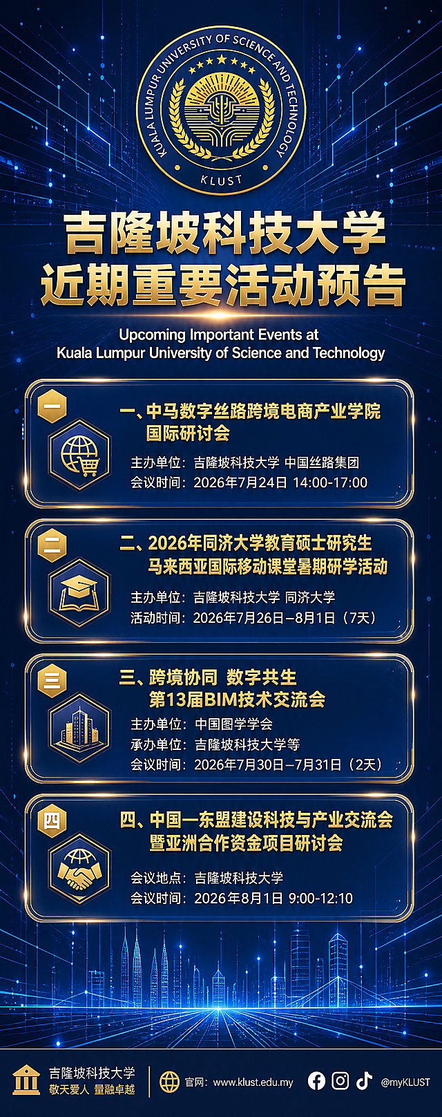 科技感竖版易拉宝，深蓝色科技背景，带有发光的粒子网络、数据线条、几何光效和电路纹理，营造高端学术科技氛围，2:5竖版超长幅比例。画面顶部居中放置【图1】吉隆坡科技大学校徽，校徽下方是主标题金色大字"吉隆坡科技大学近期重要活动预告"，字体庄重有力带金属光泽，再下方是白色英文副标题"Upcoming Important Events at Kuala Lumpur University of Science and Technology"。画面中部是四项活动信息卡片，从上到下依次排列，每张卡片为半透明深蓝色圆角矩形，带金色边框和光效：第一张卡片标题"一、中马数字丝路跨境电商产业学院国际研讨会"，内容"主办单位：吉隆坡科技大学 中国丝路集团"、"会议时间：2026年7月24日 14:00-17:00"；第二张卡片标题"二、2026年同济大学教育硕士研究生马来西亚国际移动课堂暑期研学活动"，内容"主办单位：吉隆坡科技大学 同济大学"、"活动时间：2026年7月26日–8月1日（7天）"；第三张卡片标题"三、跨境协同 数字共生 第13届BIM技术交流会"，内容"主办单位：中国图学学会"、"承办单位：吉隆坡科技大学等"、"会议时间：2026年7月30日–7月31日（2天）"；第四张卡片标题"四、中国—东盟建设科技与产业交流会暨亚洲合作资金项目研讨会"，内容"会议地点：吉隆坡科技大学"、"会议时间：2026年8月1日 9:00-12:10"。每张卡片左侧有金色序号标识和科技感小图标。画面底部严格按照【图2】的底部设计模式排版：深蓝色底栏，左侧金色建筑图标+"吉隆坡科技大学"+"敬天爱人 量融卓越"，中间金色竖线+金色地球图标+"官网：www.klust.edu.my"，右侧Facebook、Instagram、TikTok白色图标+"@myKLUST"。不加二维码，不出现任何二维码图案。整体配色深蓝+金色+白色，科技感与学术感兼具，版式精美，层次分明，信息清晰可读，2K超清画质。画面中所有数字必须精确渲染，不得错位、遗漏或编造。画面中所有信息区域必须填充完整合理的内容，不得出现空白框或待填写区域。
