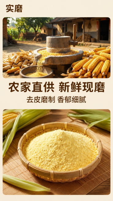 [第8屏] 农家工艺产地展示，农家直供新鲜现磨玉米面粉。本屏使用【图10】作为商品主体和版式参考，保持上下分屏构图一致，仅在图片左上角添加文字LOGO“实磨”，LOGO字体为棕色圆角黑体，大小合适不遮预览效果