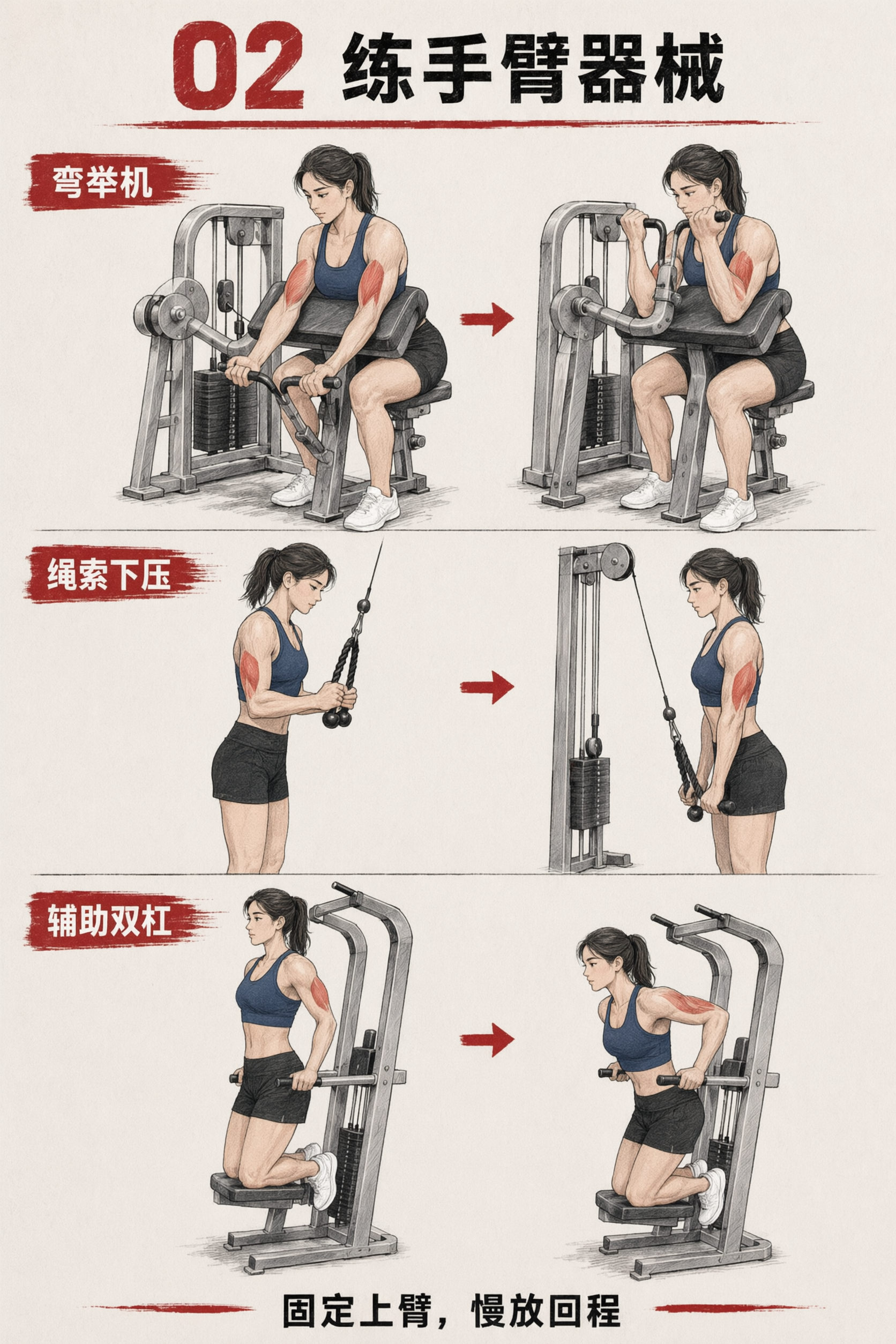 图生图局部编辑：将健身器械指南“02 练手臂器械”图中所有男性… - 图片创意预览