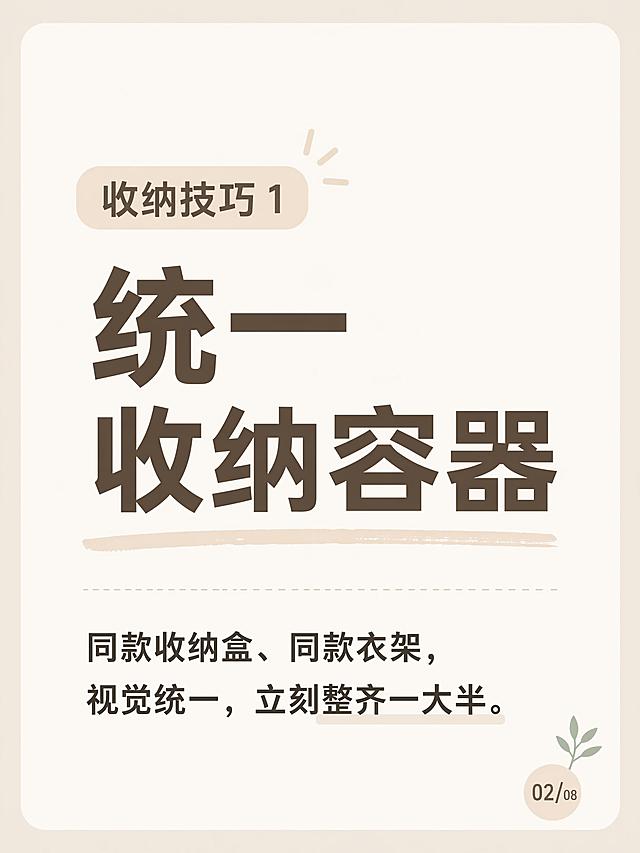 小红书收纳干货图文内页，第2页，展示技巧1，纯大字背景+简约ins清新风，核心标题：「统一收纳容器」，正文文案：「同款收纳盒、同款衣架，视觉统一，立刻整齐一大半」。背景：浅色奶油风，画面排版简洁，标题大且醒目，正文文字清晰易读，信息层级分明，四周留边，适合小红书竖版图文，整体氛围干净整洁。画质：高清细腻，文字完整可识别，画面比例 3:4，4K。