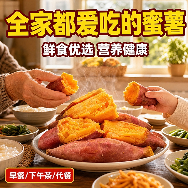 [主图-7] 食用体验 家庭分享主题。核心任务：营造家庭分享的温馨场景，展示鲜食优选、适合全家享用，增加情感共鸣和购买联想。
[统一基调] 拼多多风格，大字直白，暖橙红主色调；主标题粗厚黑体，亮黄色配深红描边；辅助文案白色粗黑体；整体温馨热闹。
[画面] 画面是温馨的家庭餐桌场景，木质大圆桌上放着一大盘蒸好的红心蜜薯，冒着热气；盘子周围有碗、粥、小菜等早餐搭配；有一双老人的手和一双小孩的手各拿一个红薯，体现全家共享；背景是明亮的厨房窗户，阳光洒进来；产品占画面约55%。
[光影质感] 窗边自然暖光，柔和明亮；食物有真实的热气和光泽；手部自然真实不僵硬；整体生活感强，高清摄影质感不失真。
[配色] 主色暖橙+木棕，背景米白窗光；文字亮黄配深红描边，辅助文字白色；温馨暖色调。
[文字版式] 画面上方大字主标题："全家都爱吃的蜜薯"，下方辅助文案："鲜食优选 营养健康"；左下角小标签："早餐/下午茶/代餐"；文字分布在上部和左下角，不遮挡主体。
[输出要求] 1:1正方形，高清，产品清晰不失真，文字清晰可读；禁止变形、错字、模糊、杂乱、水印、平台Logo、人物面部扭曲。