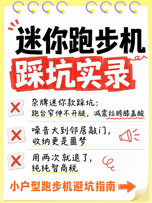 小红书笔记大字封面，纯大字，手账拼贴风，版式精美，小红书笔记封面质感，适合信息流点击。版式骨架、分区比例、色调体系与参考图保持一致（相似度约70%），文案与配图换为用户本次内容。主标题必须完整呈现且为画面视觉中心，逐字锁定：「迷你跑步机踩坑实录」。主标题字号占画面约45%视觉权重，清晰可读，不得增删改字。副标题与正文要点：「杂牌迷你款踩坑：跑台窄伸不开腿，减震拉胯膝盖酸」「噪音大到邻居敲门，收纳更是噩梦」「用两次就退了，纯纯智商税」。底部引导：「小户型跑步机避坑指南→」。背景：黄色线圈装订活页笔记纸纹理，白色内页，浅黄外边框。标题排版：采用纯大字P11+P19策略，主标题为黑色粗黑体手写马克笔感，关键词「踩坑实录」用红色高亮色块底，正文为黑色常规手写体，分条横线分隔，底部引导文字为橙色粗体配手绘箭头。装饰：右下角1个翻页折角贴纸；顶部紫色线圈装订装饰；禁止底部横排多个emoji。整体氛围：避坑吐槽、干货笔记、活人真实踩坑感。画质：高清细腻，信息层级清晰，主标题与背景强对比，文字完整处于安全区内不可裁切，四周留安全边距。图生图：严格使用用户上传图片，【图2】= 版式参考图，参考其活页笔记纸、线圈装订、分条排版、翻页折角的版式骨架与手账拼贴氛围。画面比例3:4，4K。