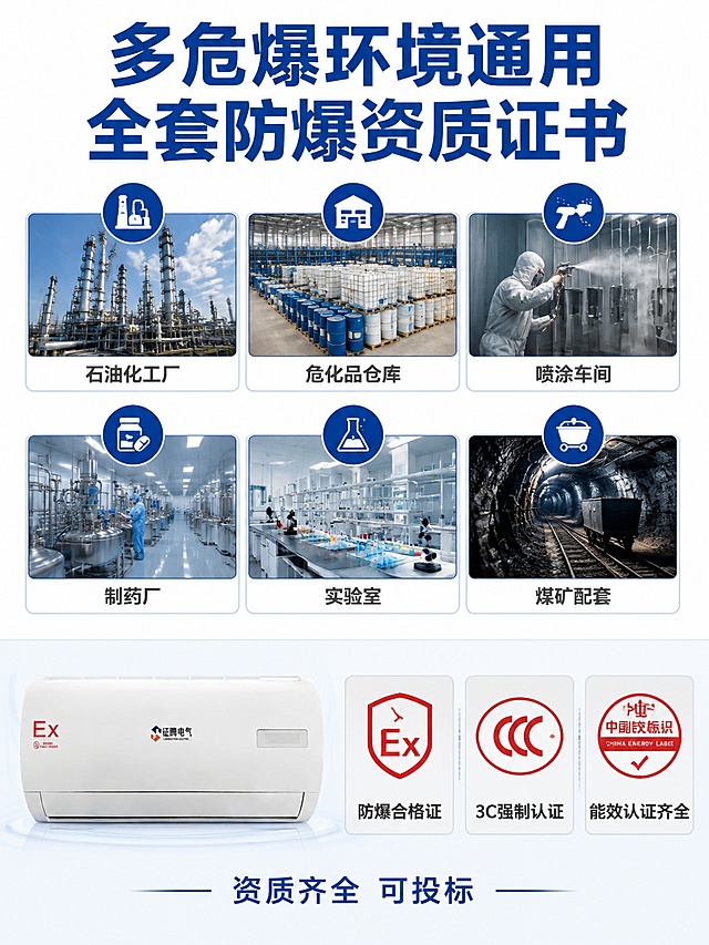 淘宝主图第四张，适用场景与资质展示。白色背景，工业蓝配色。顶部大标题粗体深蓝色大字："多危爆环境通用 全套防爆资质证书"。上半部分为6个场景小图标2行3列宫格排列，每个图标下方灰色小字："石油化工厂"、"危化品仓库"、"喷涂车间"、"制药厂"、"实验室"、"煤矿配套"。下半部分左侧为室内挂机小图（产品外观与输入图一致），右侧三个红色资质印章样式图标，分别标注："防爆合格证"、"3C强制认证"、"能效认证齐全"。底部一行小字："资质齐全 可投标"。整体版式上下结构，信息丰富清晰。竖版750x1000比例，文字清晰可读，专业可信风格。