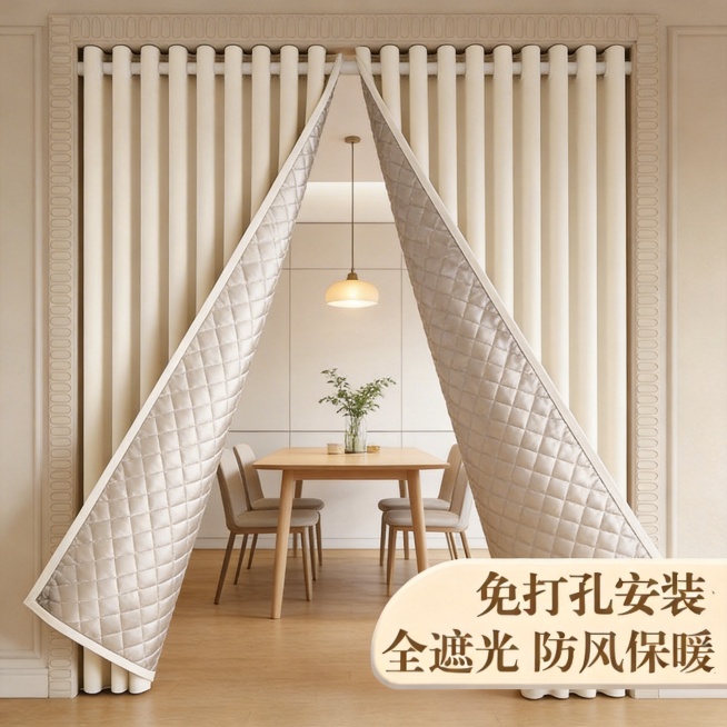 保留这款米白色夹棉门帘的面料材质，将场景切换为现代北欧风餐厅，调整门帘展示角度，保留“免打孔安装 全遮光 防风保暖”文字，风格适配温馨明亮的北欧餐厅氛围预览效果