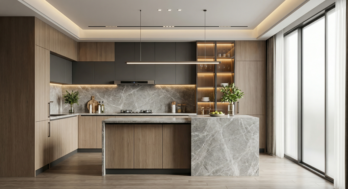 抖音直播间风格：现代极简轻奢开放式厨房，浅原木色+深灰色双色橱柜，大理石纹背景墙，嵌入式燃气灶，玻璃展示柜，线性吊灯+无主灯设计，筒灯+氛围灯带，大落地窗，自然光漫射，暖调高级感，低饱和度莫兰迪色系，预览效果