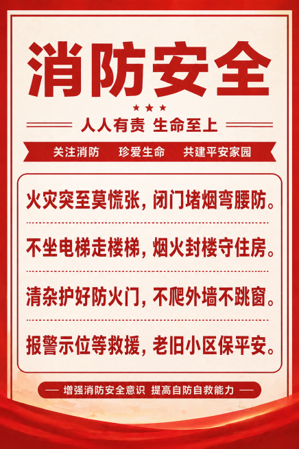修改为纯文字消防安全宣传海报，移除所有动画人物和插画，只保留完整防火口诀文案："火灾突至莫慌张，闭门堵烟弯腰防。不坐电梯走楼梯，烟火封楼守住房。清杂护好防火门，不爬外墙不跳窗。报警示位等救援，老旧小区预览效果