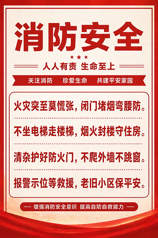 修改为纯文字消防安全宣传海报，移除所有动画人物和插画，只保留完整防火口诀文案："火灾突至莫慌张，闭门堵烟弯腰防。不坐电梯走楼梯，烟火封楼守住房。清杂护好防火门，不爬外墙不跳窗。报警示位等救援，老旧小区保平安。"，采用A4竖版构图，红色醒目标题设计，简洁正式，适合社区宣传张贴，保持红色调宣传风格。