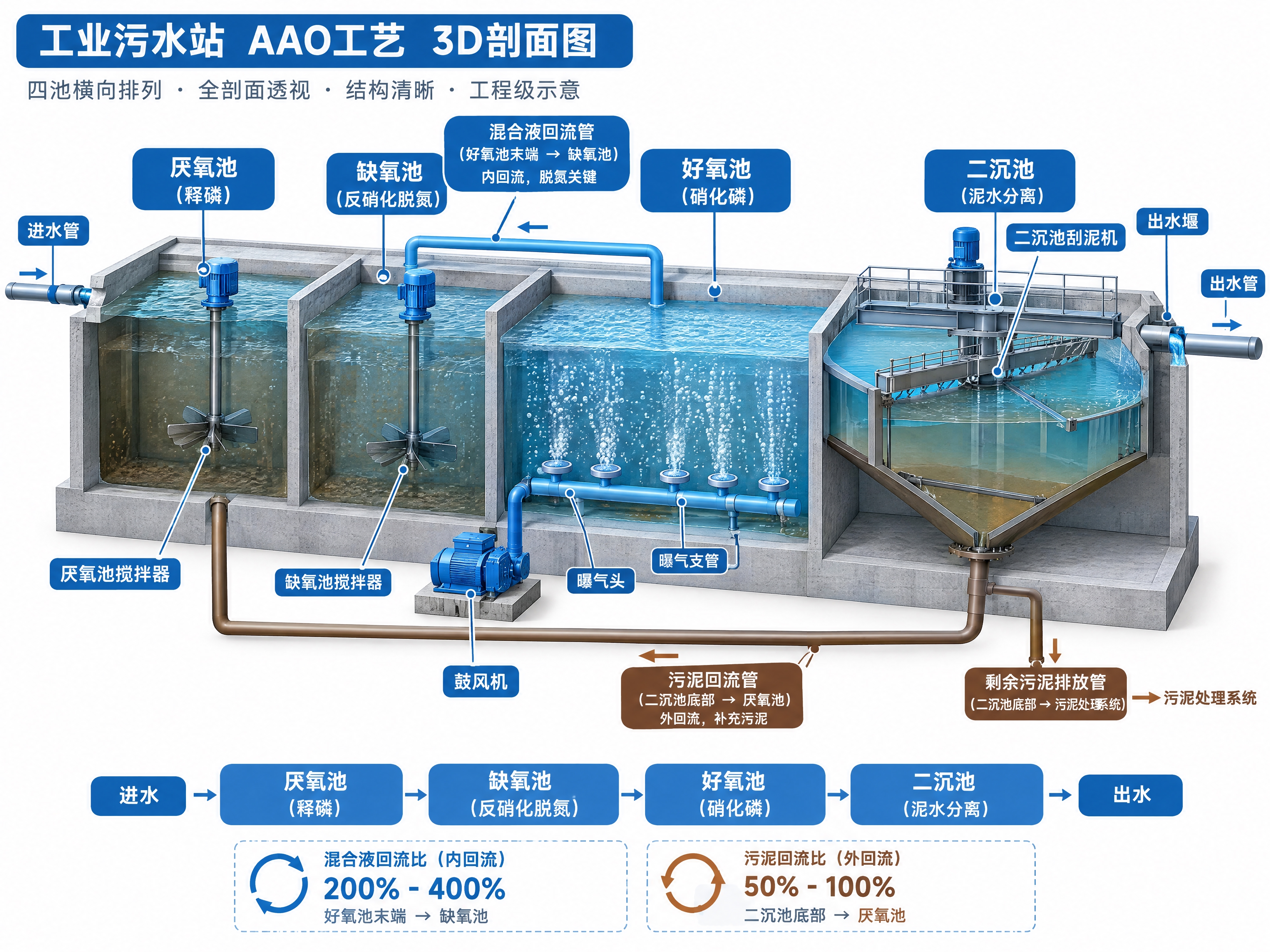 工业污水站AAO工艺3D剖面图，科普技术插图，全剖面透视展示内… - 图片创意预览
