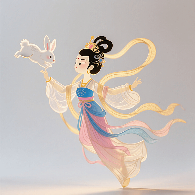 Q版动漫，纯白底上的素材：一个蓝粉配色的嫦娥飞天的全身，旁边是一只白色的玉兔，带有互动性的嫦娥奔月