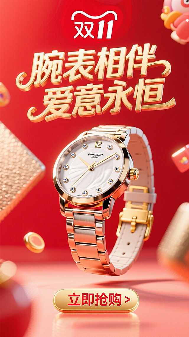3D风与重拟物风结合，鎏金质感腕表闪耀奢华，金属光泽搭配红色背景营造喜庆浪漫氛围，双11促销主题突出，时尚优雅尽显。